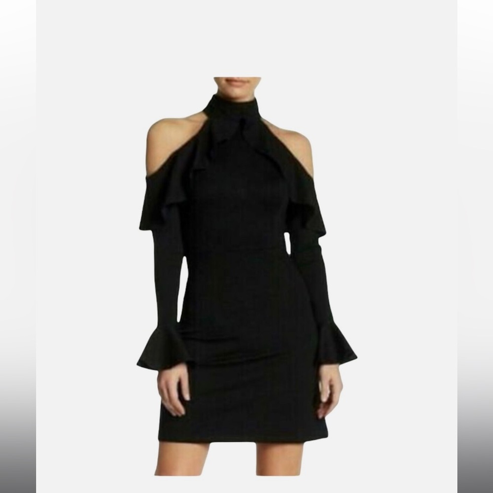 FEW MODA Black COLD SHOULDER Ruffled Long Sleeve, Above Knee DRESS SZ L